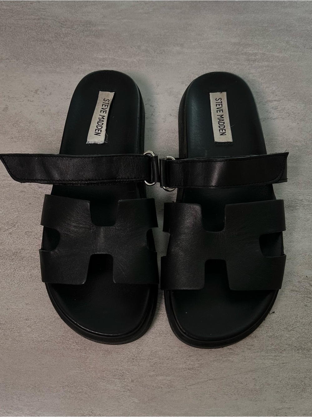 Steve Madden Black Leather Double-Strap Slide Sandals